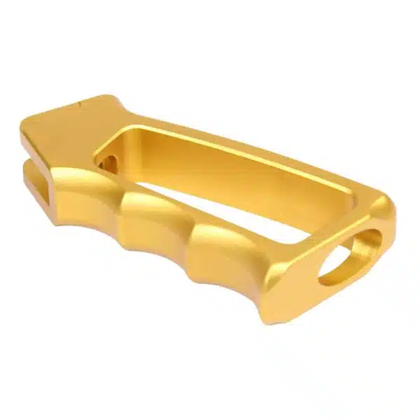 Gold ergonomic foregrip for firearms with polished finish and finger grooves for secure grip.