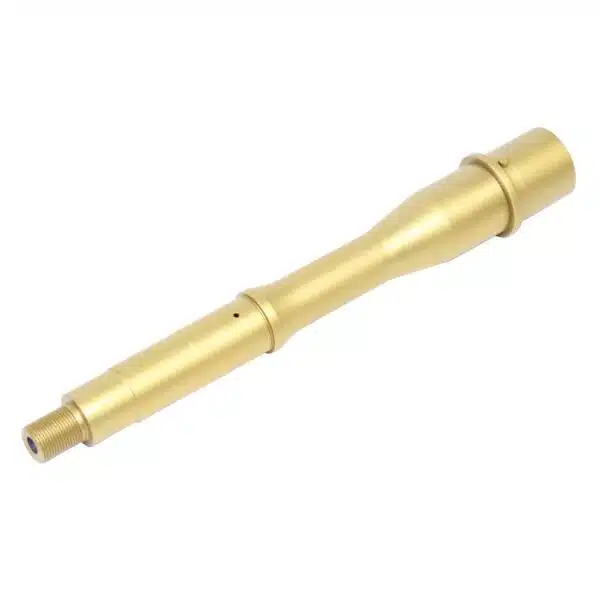 Gold pen barrel with polished finish and segmented design for premium writing experience.