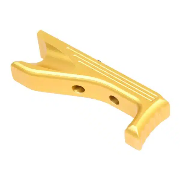 Gold ergonomic tactical grip with grooves and openings, showcasing premium design.