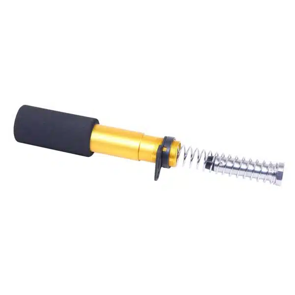 Hydraulic door closer with gold cylinder, black cushioning, silver spring for controlled closure.
