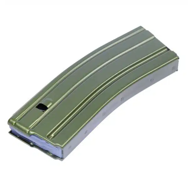 Olive green AR-15 magazine, curved aluminum design, military-grade, corrosion-resistant, reliable ammo feeding.