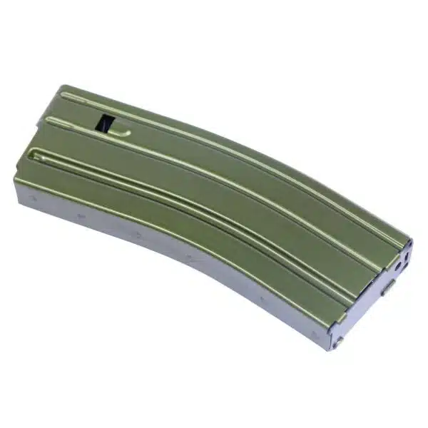 Olive green 30-round AR-15 magazine with curved design and metallic base plate.