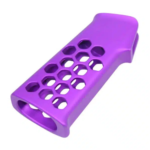 Vibrant purple aluminum grip handle, honeycomb cutouts, ergonomic, lightweight, and glossy finish.