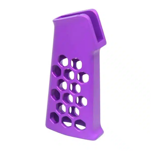 Vibrant purple AR pistol grip with hexagonal cutouts for style and weight reduction.