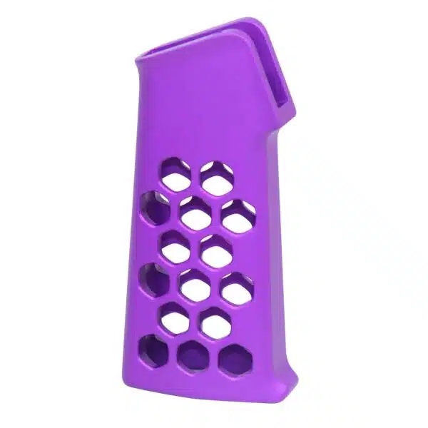Bright purple honeycomb pistol grip for custom firearms, ergonomic polymer design for personalization.