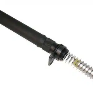 Anodized black AR-15 buffer tube with castle nut, spring, and CAR buffer on white background
