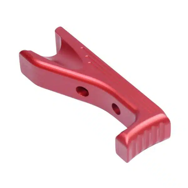 Glossy red anodized metal lever for precision tools, featuring ergonomic grip and mounting holes.