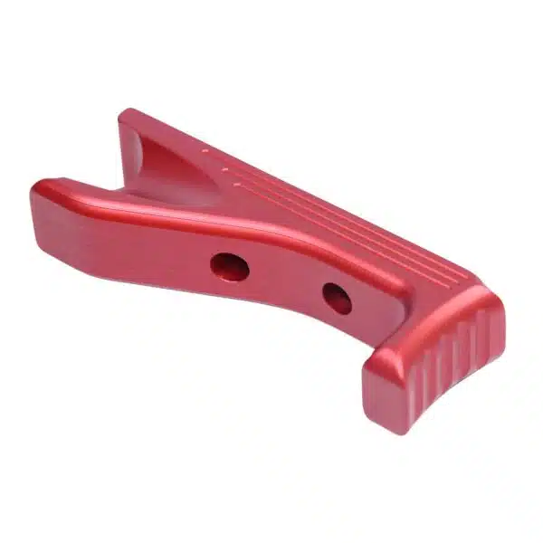 Red ergonomic plastic handle with mounting holes and textured grip for tools.