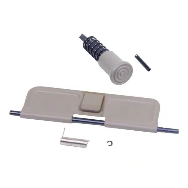 Disassembled soft-close cabinet door damper with spring, housing, and installation components.