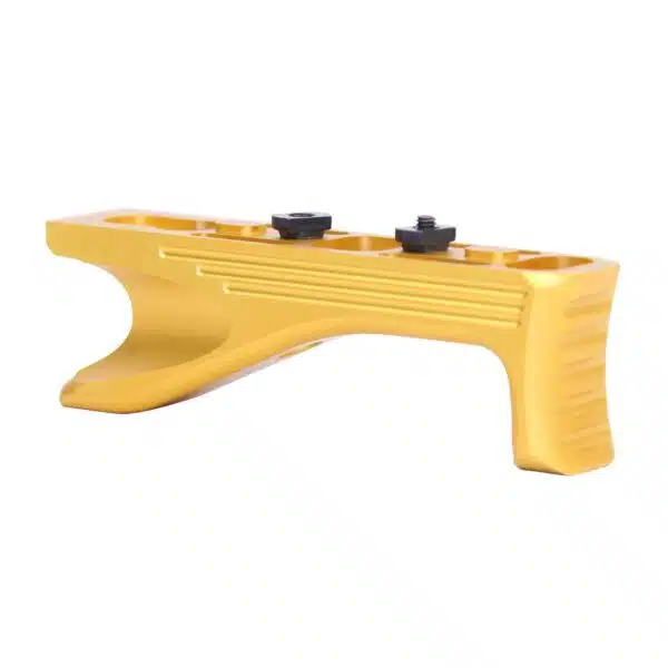 Bright yellow angled foregrip with ergonomic design, polymer body, and black mounting screws.