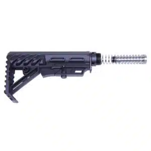 Matte black adjustable AR-15 tactical rifle stock with ergonomic design and accessory slots.