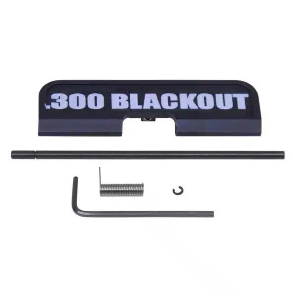 AR-15 .300 Blackout ejection port cover with installation tools for caliber identification and protection.