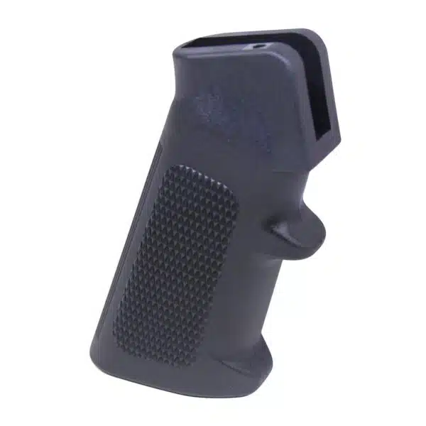 Ergonomic black AR-15 grip with textured pattern, designed for comfort and secure tactical use.