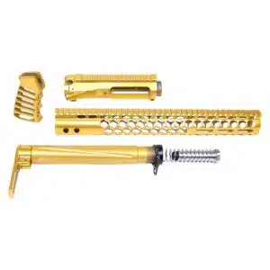 Anodized gold AR-15 complete furniture set including handguard, upper receiver, stock, and pistol grip