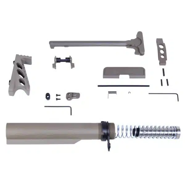 Complete AR-15 buffer tube kit in FDE, featuring all necessary parts and tools.