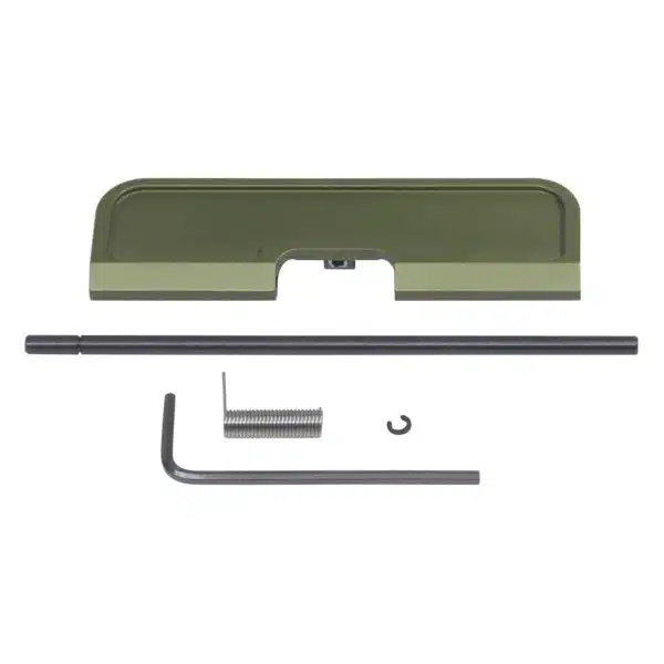AR-15 Dust Cover Kit: Green anodized cover, pin, spring, C-clip, Allen wrench for customization.