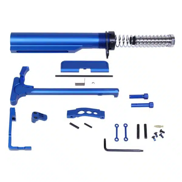 Blue anodized AR-15 parts kit with buffer tube, triggers, tools, for custom rifle assembly.