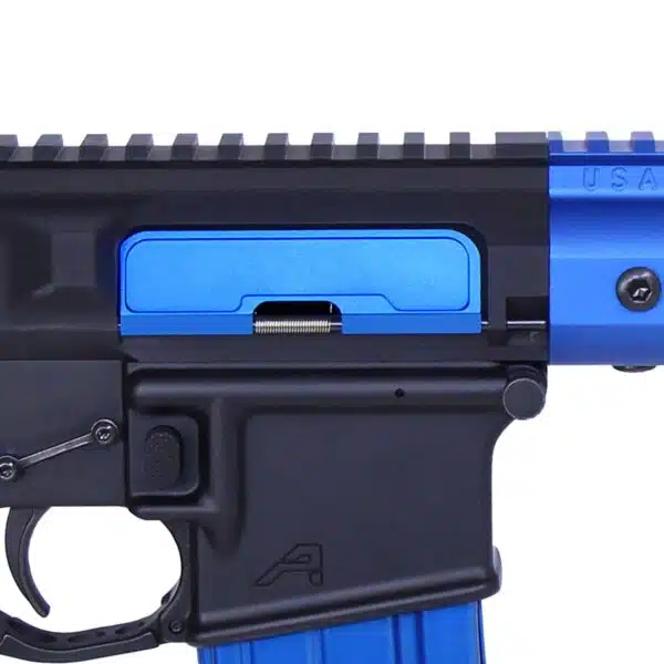 Close-up of a custom AR-15 with a striking black and blue anodized two-tone finish.