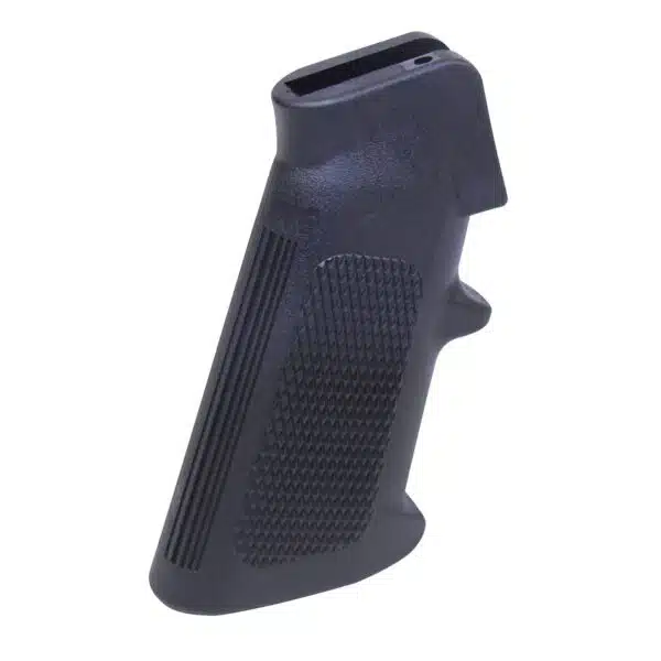 Ergonomic black polymer AR-15 pistol grip with stippled texture and finger grooves for secure handling.