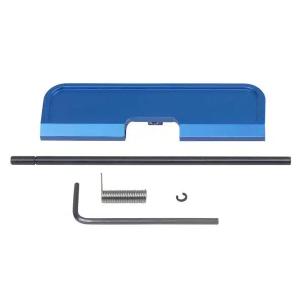 Blue anodized AR-15 dust cover kit with pin, hex key, spring, and clip for firearm upgrades.