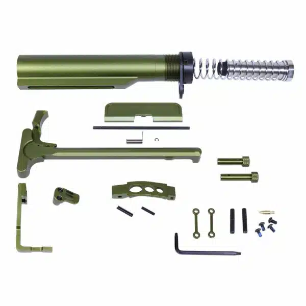 Olive green AR-15 buffer tube kit with spring, charging handle, and accessory components.
