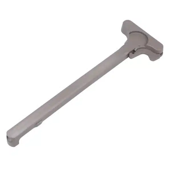 Matte gray AR-15 charging handle, T-shaped design, military-grade, precisely machined for reliability.