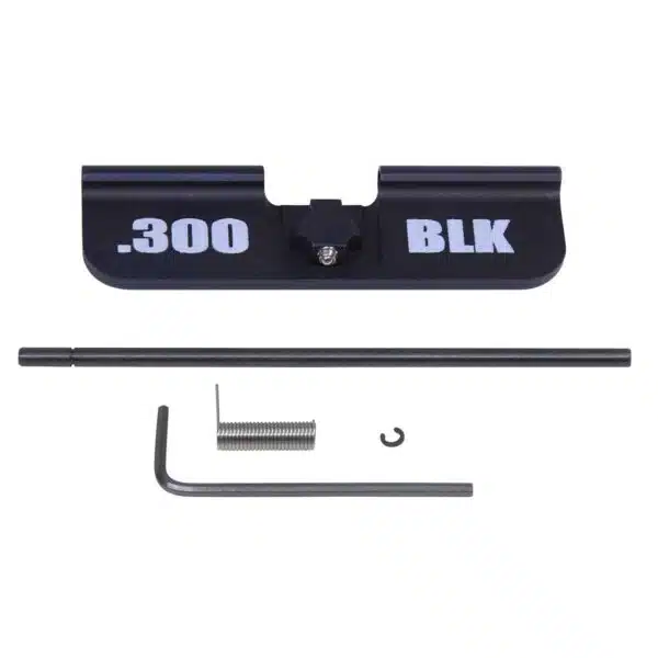 Black AR-15 dust cover kit for .300 BLK rifles with components on white background.