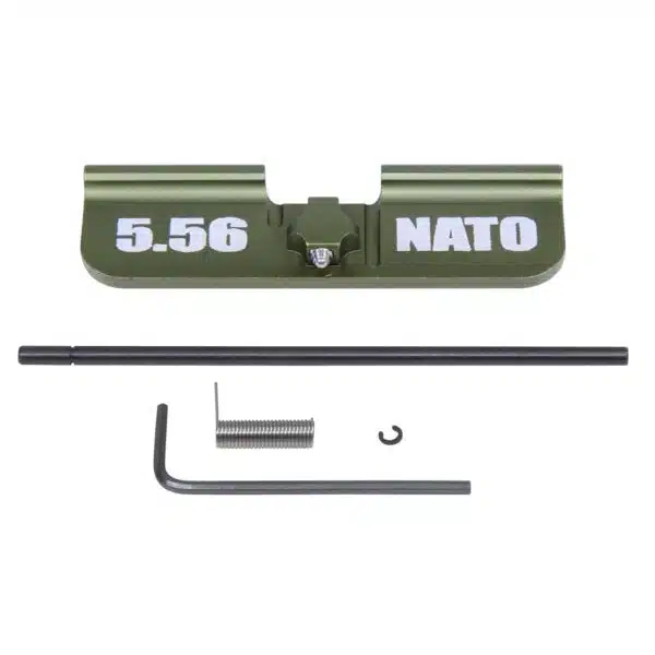 Military-green AR-15 dust cover kit with 5.56 NATO markings, includes hinge pin and installation tools.