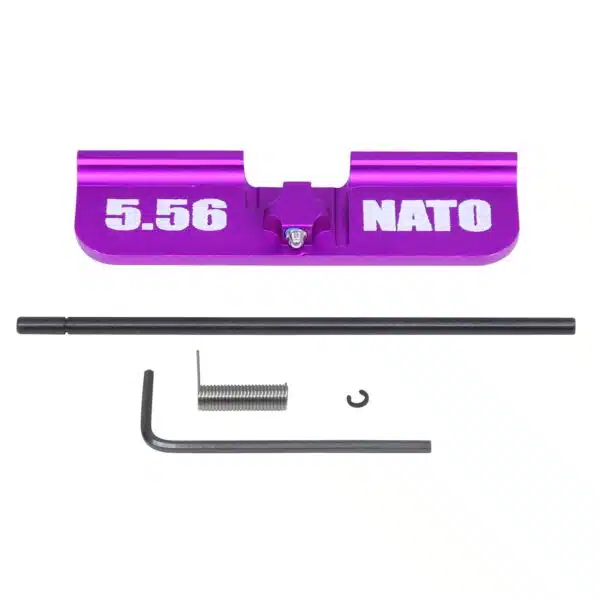 Purple AR-15 Dust Cover Kit with 5.56 NATO mark, includes installation components.