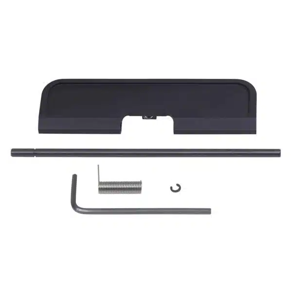 AR-15 Gen 3 Dust Cover Kit, anodized black, includes hinge pin, spring, C-clip, and Allen wrench.