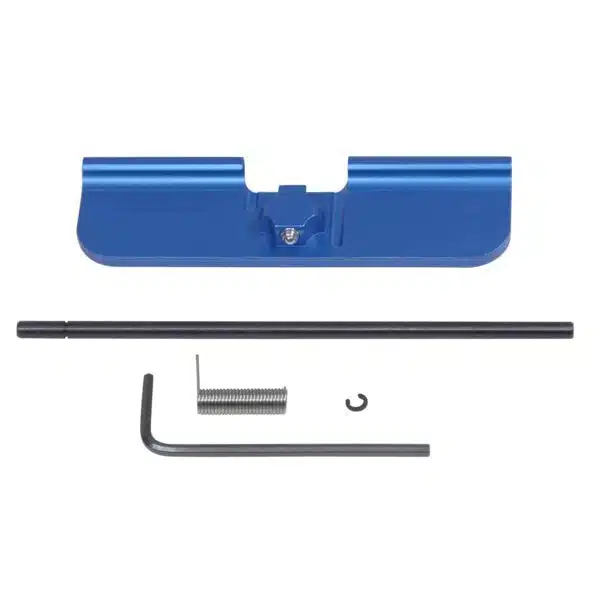 Blue anodized AR-15 dust cover kit with components for easy firearm customization.