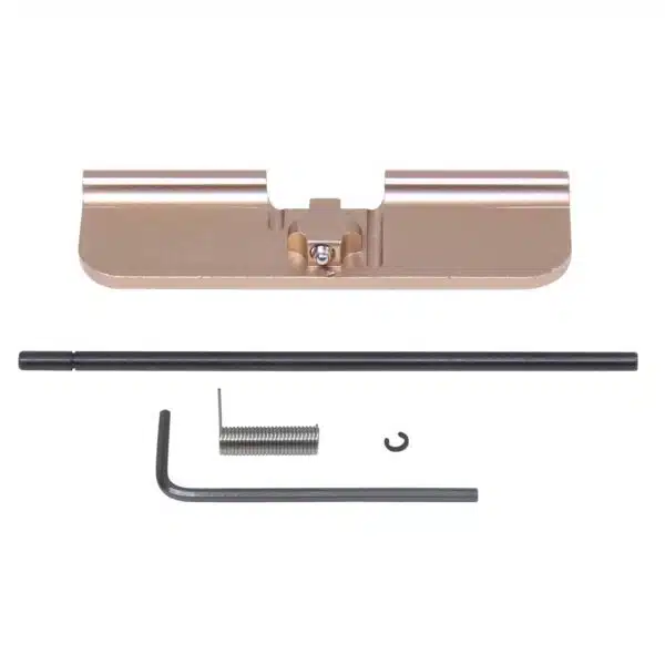 Bronze AR-15 dust cover assembly kit with components on white background.
