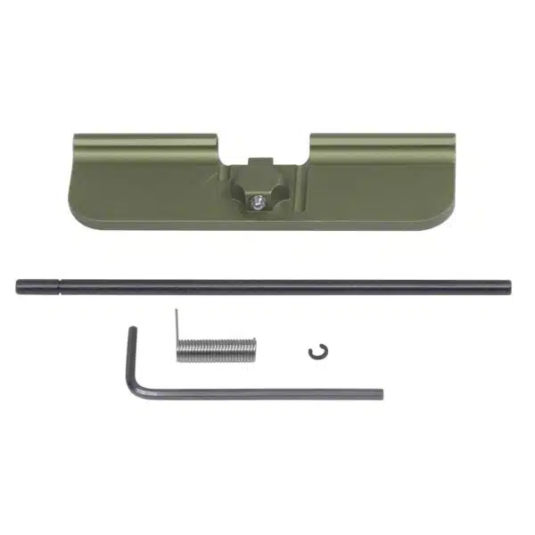 AR-15 dust cover kit: olive green cover, black hinge pin, tools for easy installation.