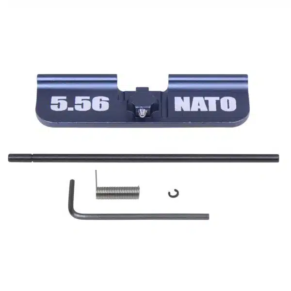 AR-15 dust cover, 5.56 NATO marking, includes installation parts: hinge pin, spring, C-clip, hex keys.