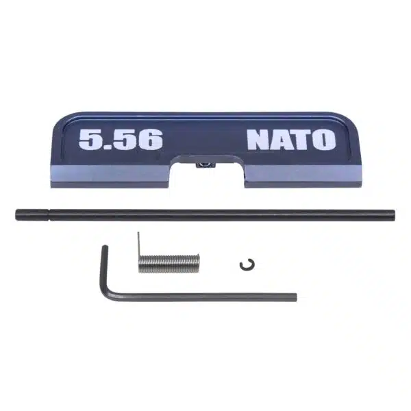 AR-15 dust cover kit in navy with 5.56 NATO marking, includes installation components.