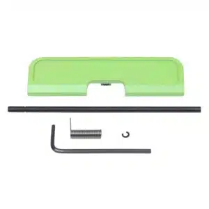 Bright lime green AR-15 ejection port cover kit with installation accessories.