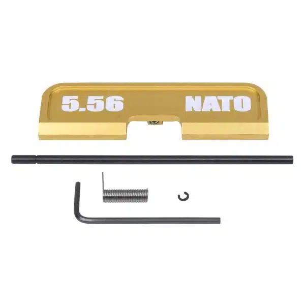 Gold anodized AR-15 dust cover, 5.56 NATO, with installation parts for customization.