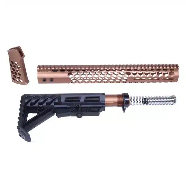 Bronze honeycomb AR-15 handguard and tactical stock with silver buffer tube.