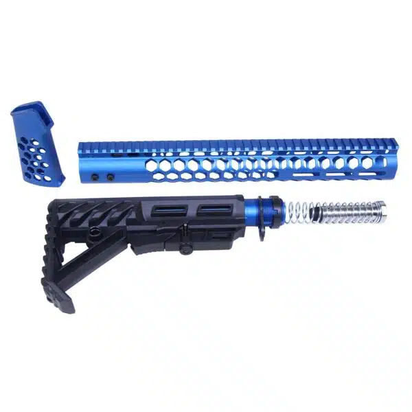 AR-15 rifle accessory set with anodized blue handguard, black stock, spring, and parts on white background.