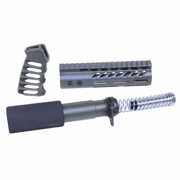 AR-15 Parts Kit: Buffer Tube, Handguard with M-LOK, and Pistol Grip for Custom Build.