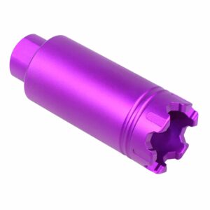 Anodized purple AR-15 flash hider with star pattern and wire cutter feature.