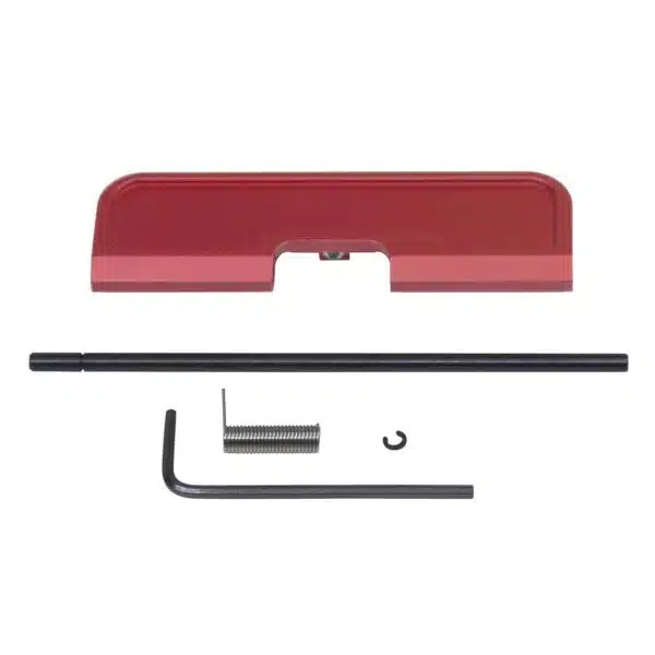 Red anodized AR-15 dust cover set with hinge pin, hex keys, spring, and retaining ring.