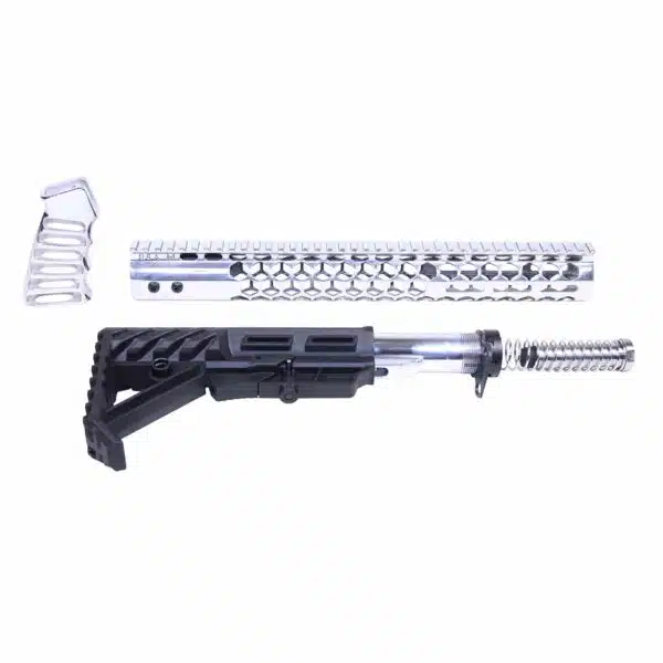 AR-15 modification kit parts: buffer spring, silver rail, black buttstock, buffer tube displayed.