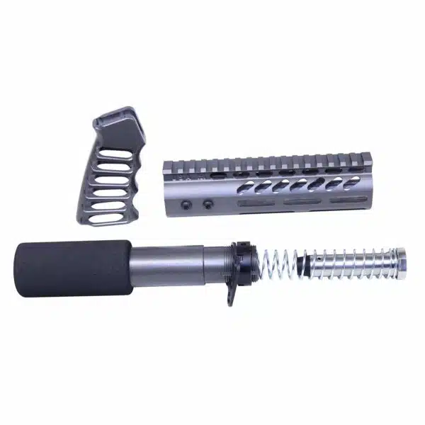 Disassembled AR-15 parts: buffer tube, handguard, pistol grip; customizable tactical rifle components.