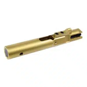 Tin coated AR-15 bolt carrier group for .45 ACP, showing gold finish and laser etched markings