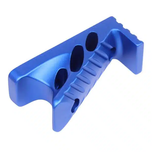Blue anodized firearm grip with ergonomic design and weight-reducing holes, durable and stylish.