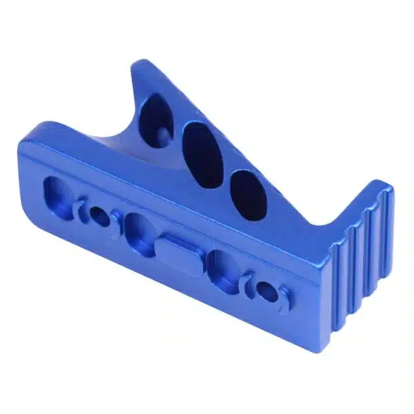 Blue anodized aluminum component with circular cut-outs, for precision engineering applications.