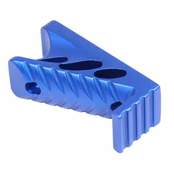 Blue anodized CNC metal component with triangular design, circular cutouts, and serrated grooves.