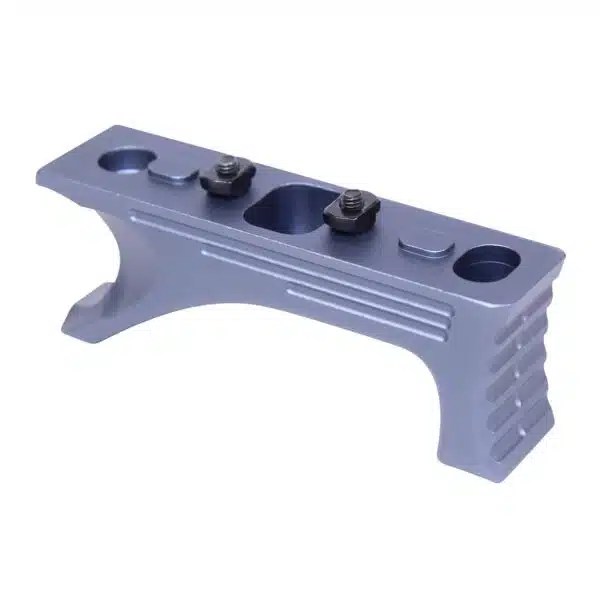 Bluish-gray ergonomic foregrip for firearms, compatible with Picatinny/M-LOK rails, offering improved control.