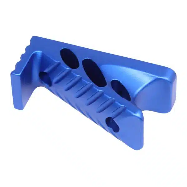 Blue anodized M-LOK angle grip with precision-machined circular cut-outs and grooves.